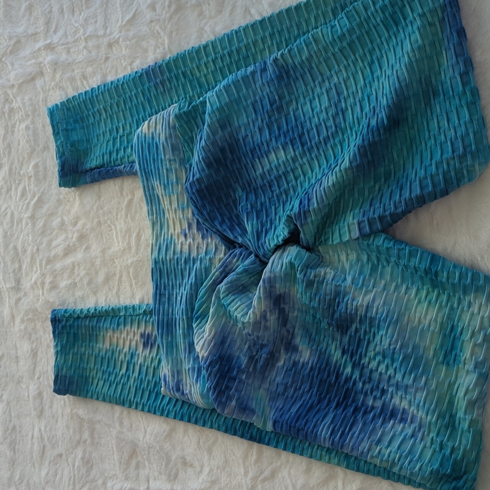 Blue Green Marbled TikTok Leggings Medium - Picture 2 of 4